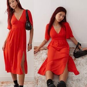 Monki Red Short Sleeve Midi Dress Side Slit US 6 / EU 38